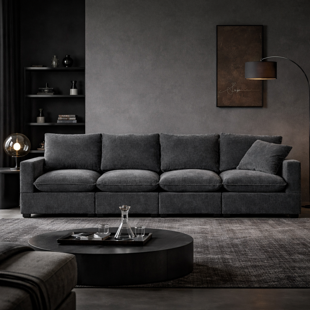 Cordular Sofa - 4 Seater Black Chenille Couch